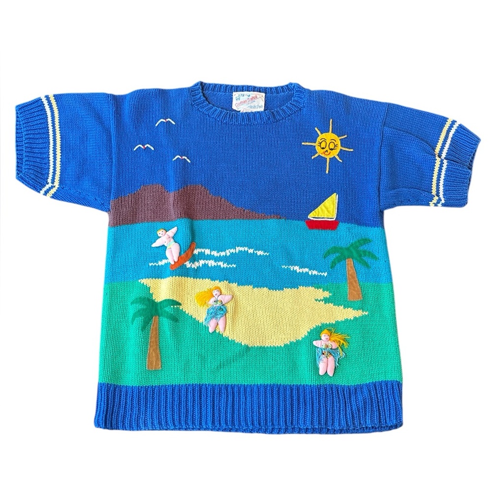 Cotton Salsa Vintage Blue Knit Beach Scene Sweater 3D Dolls 100% Cotton